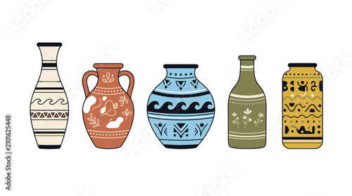 Five decorative ceramic vases with patterns.