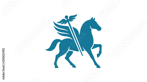 Obraz na plátně Blue winged horse Pegasus carrying spear.
