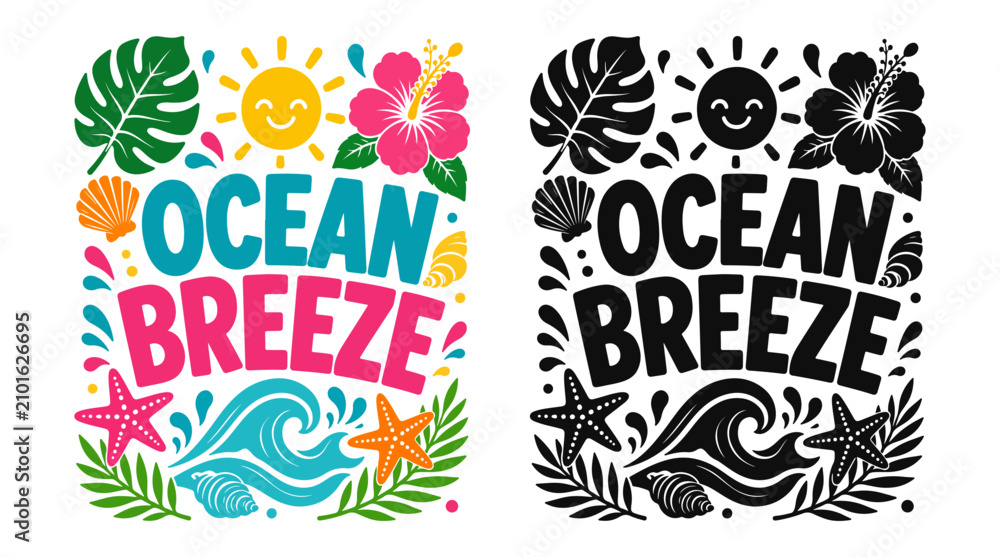 Obraz premium Colorful vector illustration featuring ocean breeze typography surrounded by vibrant tropical elements and summer floral motifs