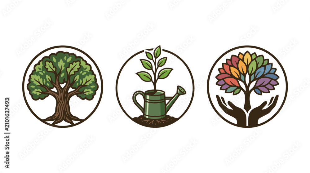 Obraz premium Tree growth and diversity icons in circles