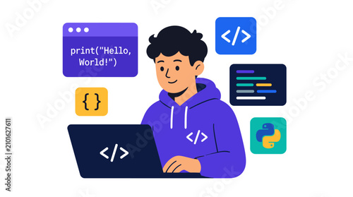 Young coder typing on laptop focused programmer.
