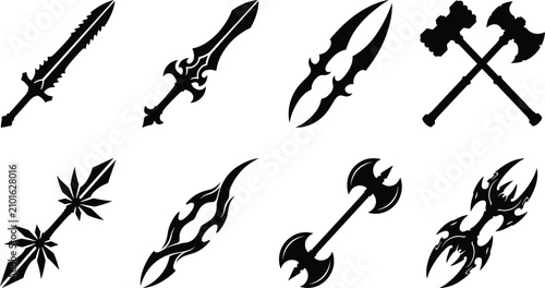 Fantasy Weapon Silhouette Collection with Swords Axes Daggers and Double Blade Vector Icons