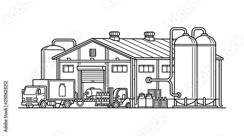 Elegant Black and White Line Drawing of Industrial Brewery Facility with Truck Forklift and Fermentation Tanks