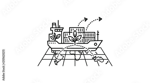 Elegant Black and White Line Drawing of Modern City on Ship with Global Route Map and Growth Arrows