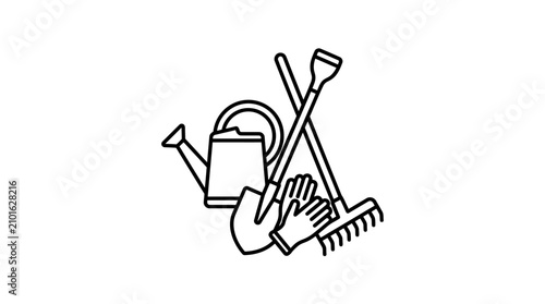 Elegant Black and White Line Drawing of Gardening Tools Watering Can Shovel Rake and Gloves with high quality professional line art symbols for modern creative design and digital branding projects