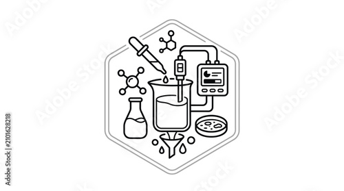 Elegant Black and White Line Drawing of Scientific Lab Equipment and Chemical Structures Icon with high quality professional line art symbols for modern creative design and digital branding projects