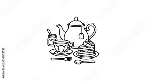 Elegant Black and White Line Drawing of Tea Set with Cake and Utensils for Tea Party Decor or Branding