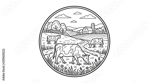 Elegant Black and White Line Drawing of Rustic Countryside with Grazing Cows Farmhouse and Silo