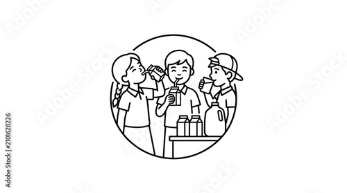 Elegant Black and White Line Drawing of School Children Drinking and Sharing Beverages Together