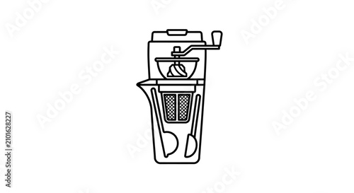 Elegant Black and White Line Drawing of Modern Kitchen Blender with Lid Spout and Control Knobs