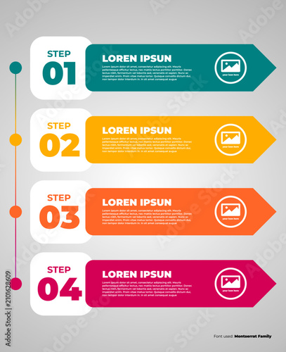 Business infographic timeline vector illustration with four steps, vertical numbered circles connected by line and colorful chevron arrow banners over light background