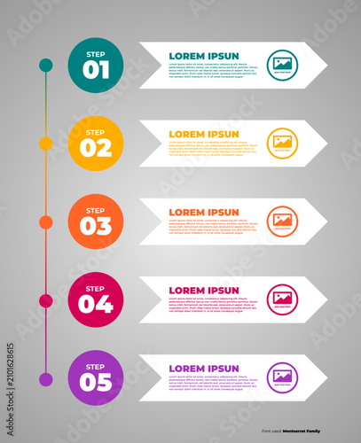 Business infographic timeline vector illustration with five steps, vertical numbered circles connected by line and white chevron arrow banners over light background