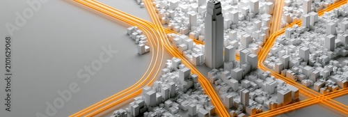 Futuristic city model with bright orange illuminated transport lines