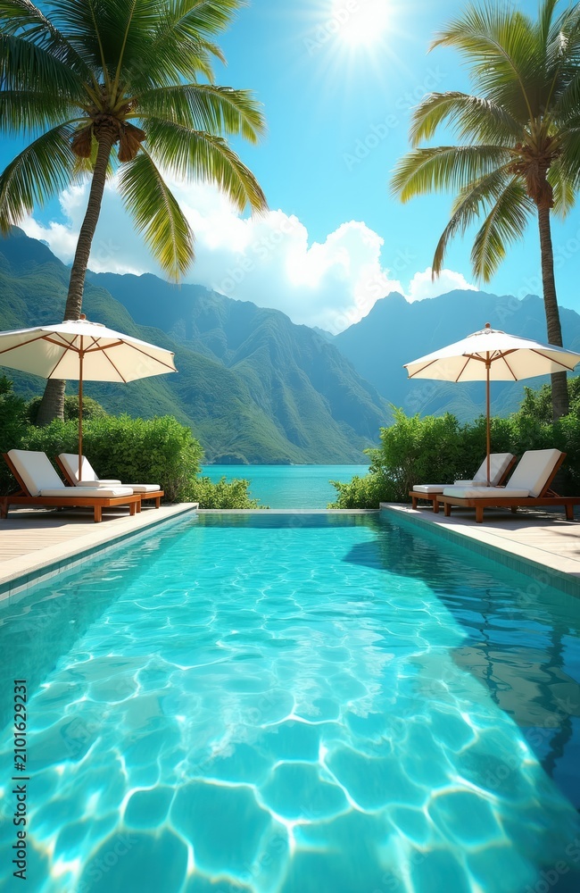Fototapeta premium Turquoise swimming pool with lounge chairs and umbrellas overlooks calm ocean water and rich green mountains. Palm trees frame this tropical paradise scene under bright sunny skies.