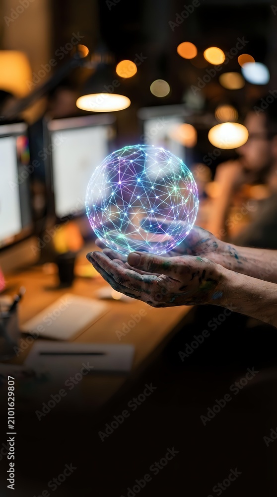 Fototapeta premium Close-up of male hand holding glowing digital globe with network connections in office workspace. Represents global technology, data connectivity, and innovation for business solutions.