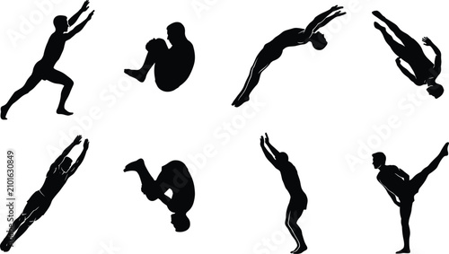 Konstfotografi Dynamic Athlete Silhouettes Performing Jumps Acrobatics Gymnastics and Martial A