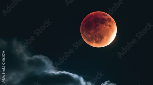 Blood moon eclipses in a dark sky with wispy clouds