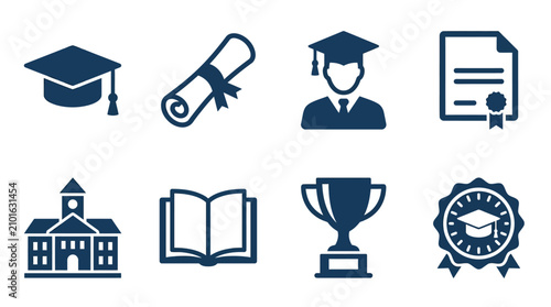 Collection of educational icons representing graduation, learning, and academic achievements with symbols of knowledge and success