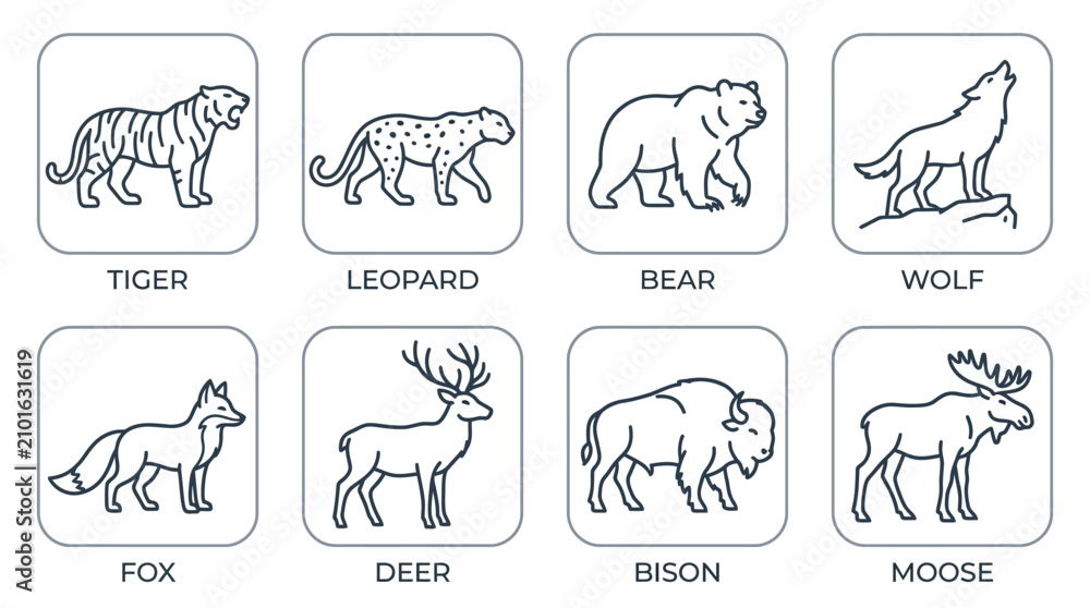 Fototapeta premium Minimalist wild animal line art icons set featuring forest and jungle wildlife predator and prey species