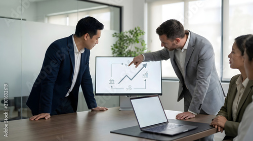 Two businessmen analyzing a graph on a large monitor in a modern office, one pointing to the screen, with colleagues present, illustrating data analysis and strategic planning, business, modern