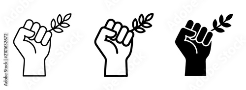 Quadro su tela Fist holding olive branch, symbol of peace and victory, protest icons