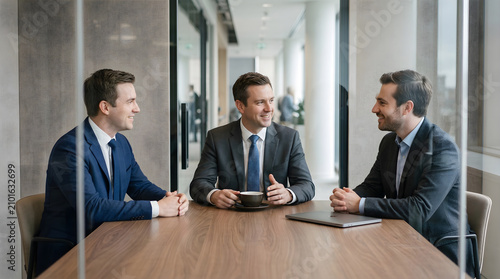 Three businessmen in suits in a modern office meeting room, smiling and engaged in conversation over coffee, exuding confidence and positive business relationships, a team discussion, corporate
