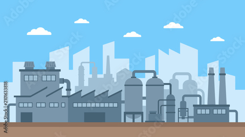Modern Industrial Factory Complex with Manufacturing Buildings, Storage Tanks, Pipes and Chimneys Under Bright Blue Sky, Clean Flat Vector Production Landscape