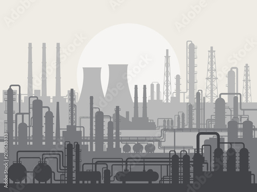 Monochrome Oil Refinery and Petrochemical Factory Skyline with Distillation Towers, Storage Tanks, Pipelines and Large Rising Sun, Flat Vector Industrial Energy Landscape