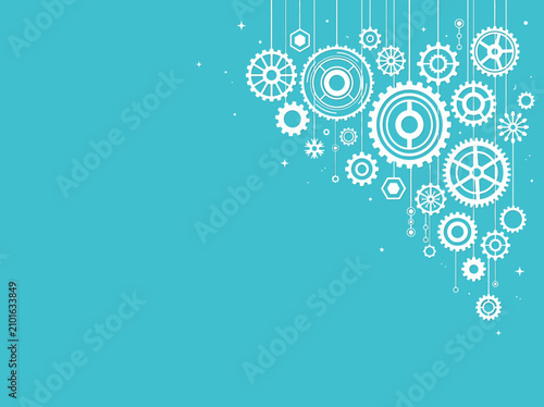 White Hanging Gears and Mechanical Ornaments on Bright Turquoise Technology Background with Large Copy Space for Engineering, Automation and Business Design