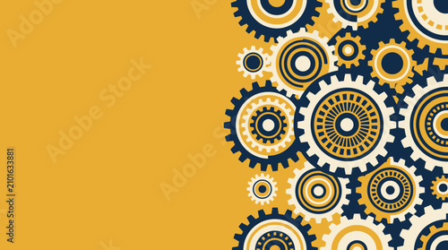 Modern Yellow Gear Background with Interlocking Navy, White and Cream Cogwheels Arranged as a Vertical Mechanical Border with Large Clean Copy Space