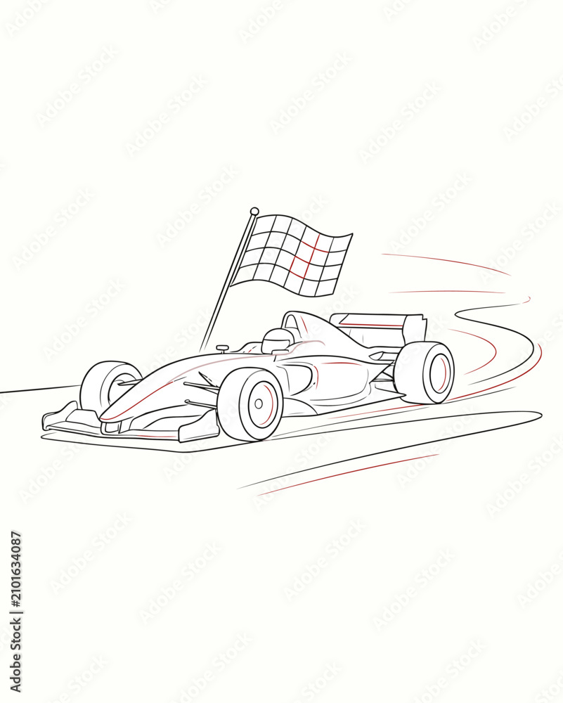 Obraz premium Minimalist line art illustration of a Formula 1 racing car speeding past the checkered flag. Clean vector outline with red accents, perfect for sport designs.
