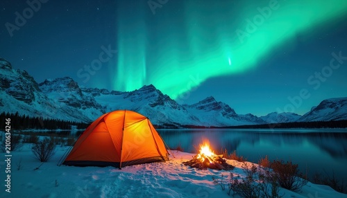 Orange tent and campfire glow on snowy shore by calm lake. Snow covered mountains rise behind dark pine forest. Bright green aurora borealis dances in starry night sky.