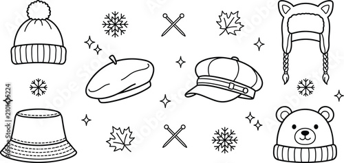 Konstfotografi Winter Hats Vector Icon Set featuring Beanie Beret Bucket Hat Newsboy Cap and Cu