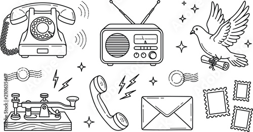 Konstfotografi Vintage History of Communication Vector Icon Set with Rotary Telephone Retro Rad