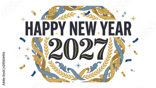 Canvas Print Happy New Year 2027 Wreath: Festive wreath design wishing a Happy New Year 2027 with confetti and stars