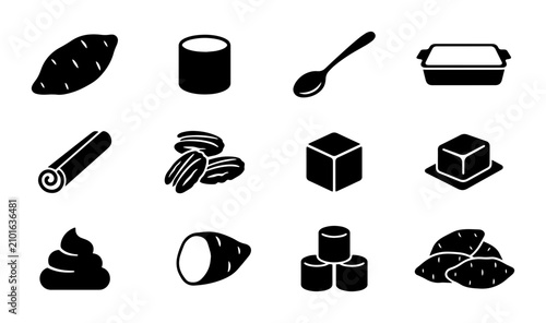 Fotografía Sweet Potato Ingredients Vector Icons: Yam, Marshmallows, Pecans, Cinnamon, Butt