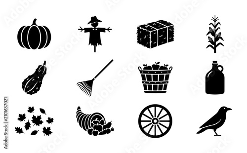 Quadro su tela Autumn Harvest Icons, 12 Vector Elements for Fall Season Celebration, Rustic Far