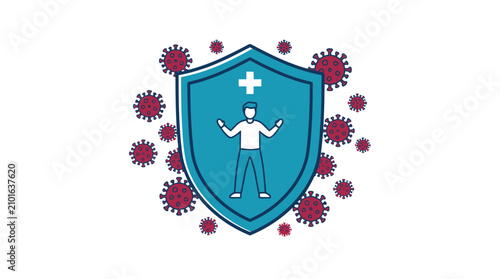 Cuadro en lienzo Human figure inside shield defending against virus particles.