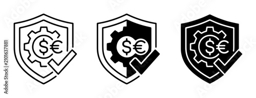 Security Shield with Gear, Currency Symbols, and Checkmark Icons. Financial Protection and Business Safety Concepts.