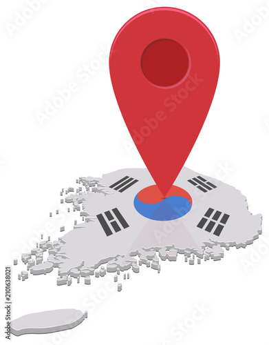 Foto 3D isometric map of South Korea textured with national flag and a large red poin