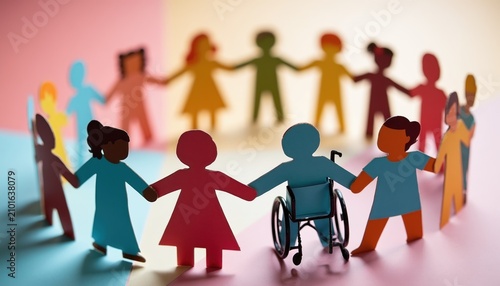 Diverse paper figures form unity circle holding hands. Includes person in wheelchair, showing inclusion. Colorful figures express togetherness and support.