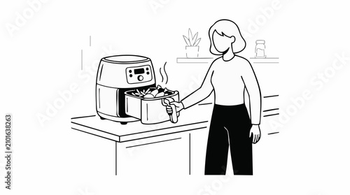 Cuadro en lienzo Line art illustration of a woman using an air fryer to cook food in kitchen