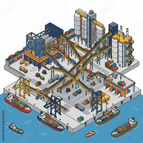 Canvas Print Industrial harbor with cargo ships and cranes.