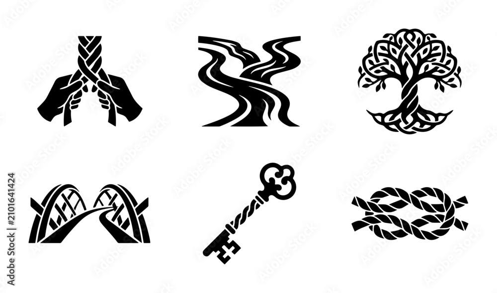 Fototapeta premium Set of 6 Black and White Vector Icons: Braided Rope, Winding River, Tree of Life, Bridge, Skeleton Key, and Knot. Graphic Symbols for Connection, Journey, Growth, and Security.