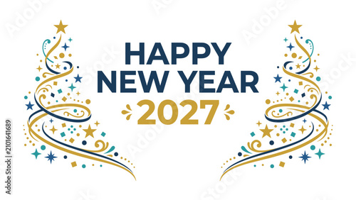 Happy New Year 2027: A festive greeting adorned with shimmering stars and swirling ribbons, wishing joy and prosperity for the upcoming year.