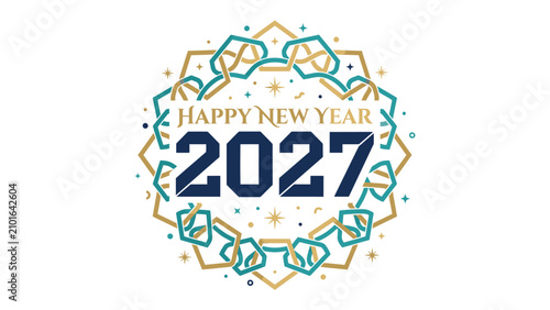 Canvas-taulu Happy New Year 2027 Decorative Element: A festive graphic design wishing Happy New Year 2027 enclosed within an ornate geometric pattern, symbolizing celebration and new beginnings