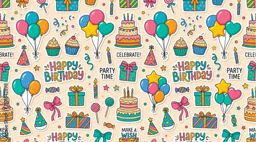 Vibrant birthday party stickers with balloons cakes with party hats gifts