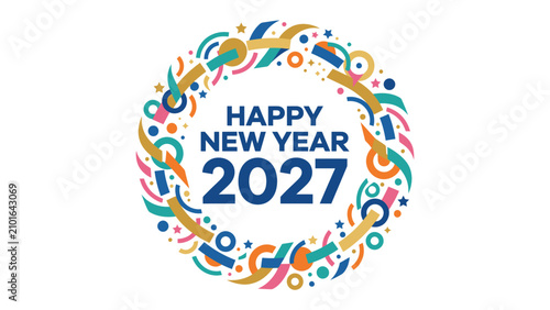 Canvas Print Happy New Year 2027 Festive Circle: A vibrant and colorful circular design celebrating the arrival of the new year 2027 with a festive pattern and bold typography
