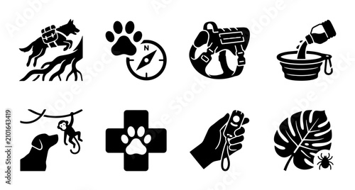 Canvas Print Dog and Pet Care Icons, Animal Training and Health Symbols, Outdoor Adventure an