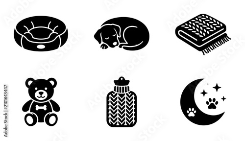 Canvastavla Pet Comfort Icons Set: Dog Bed, Sleeping Puppy, Cozy Blanket, Teddy Bear, Hot Wa